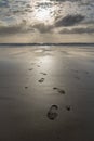 Close up on footsteps on sandy ground in beautiful golden sunset on biscarrosse beach, france