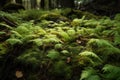 close-up of forest floor, with ferns and mosses