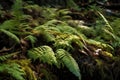close-up of forest floor, with ferns and mosses