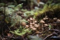 close-up of forest floor, with ferns and mushrooms