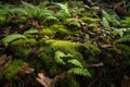 close-up of forest floor, with moss and ferns sprouting from the ground