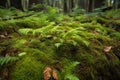 close-up of forest floor, with moss and ferns sprouting from the ground