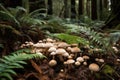 close-up of forest floor, with mushrooms and ferns in the foreground