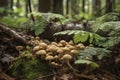 close-up of forest floor, with mushrooms and ferns in the foreground