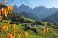 CLOSE UP: Forest surrounding a remote village in the Dolomites changing colors. Royalty Free Stock Photo