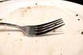 Close-up of a fork and a dirty plate after eating. Royalty Free Stock Photo