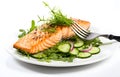 Close-up of fork with food on it: delicious fillet salmon, cucumber, onion, green salad isolated on white background