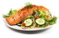 Close-up of fork with food on it: delicious fillet salmon, cucumber, onion, green salad isolated on white background