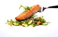 Close-up of fork with food on it: delicious fillet salmon, cucumber, onion, green salad isolated on white background