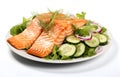 Close-up of fork with food on it: delicious fillet salmon, cucumber, onion, green salad isolated on white background