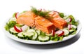 Close-up of fork with food on it: delicious fillet salmon, cucumber, onion, green salad isolated on white background