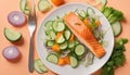 Close-up of fork with food on it: delicious fillet salmon, cucumber, onion, green salad on orange