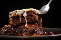 close-up of fork into a piece of moussaka Royalty Free Stock Photo