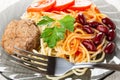 Close up of fork, spaghetti, cutlet, beans, slices of tomato, parsley in plate