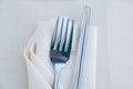 Close up fork on white napkin in restaurant Royalty Free Stock Photo