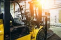 Close up of Forklift Truck inside warehouse or factory or logistics company Royalty Free Stock Photo