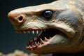 Close up of fossilized shark jaw, sharp teeth visible, bite, jagged, cartilage