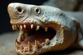Close up of fossilized shark jaw, sharp teeth visible, science, history