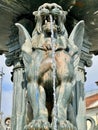 Close up of fountain of Lions, 19th century fountain in Parada Leitao Square in historic city of Porto in Portugal.