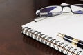 Close up of fountain pen on notebooks with glasses