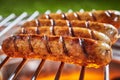 Close-up of four cooked pork sausages on a grill Royalty Free Stock Photo