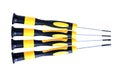 Close-up of four precision screwdrivers with black and yellow handles on white Royalty Free Stock Photo