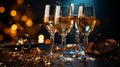 Close-up of four stemmed glasses with sparkling liquid and gold flakes with an old clock on a table in festive mood