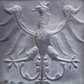 Close up fragment of medieval metal doors with eagle, Europe. Part of antique old door Royalty Free Stock Photo