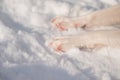Close-up of freezing dog paws on white snow in winter. Royalty Free Stock Photo