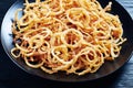 Close-up of french crispy fried onion strings