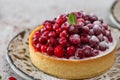 Close up of french dessert tart with fresh cowberry, cream and sugar powder on rustic background. Berry tartlet