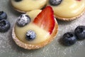 French dessert. tart with custard, fresh strawberries, blueberries and icing sugar Royalty Free Stock Photo