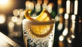 Close-up of a French 75, focus on the effervescence and lemon twist garnish, soft ambient lighting.. AI generated.