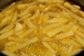 Close-up of French fries potatoes frying in boiling hot oil in a deep fryer at home. French fries, Junk food concept, home made Royalty Free Stock Photo