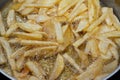 Close-up of French fries potatoes frying in boiling hot oil in a deep fryer at home. French fries, Junk food concept, home made Royalty Free Stock Photo