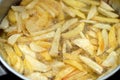 Close-up of French fries potatoes frying in boiling hot oil in a deep fryer at home. French fries, Junk food concept, home made Royalty Free Stock Photo