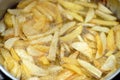 Close-up of French fries potatoes frying in boiling hot oil in a deep fryer at home. French fries, Junk food concept, home made Royalty Free Stock Photo