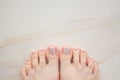 Close-up French pedicure on beautiful female legs. Neat nails after a pedicure procedure on a white background. Space for text Royalty Free Stock Photo