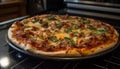 Close up of fresh baked pizza on table generated by AI Royalty Free Stock Photo