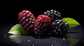 Close up of Fresh Blackberries on Dark Background. Black berries with green leaves. Delicious healthy dessert rich in