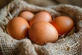 Close up of fresh brown eggs in a straw lined basket showcasing natural textures and variations Royalty Free Stock Photo