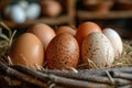 Close up of fresh brown eggs in a straw lined basket showcasing natural textures and variations Royalty Free Stock Photo