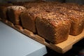 Close-up fresh brown loaves of rye bread in the form of bricks with sunflower seeds on a crust. Lie on a wooden rack Royalty Free Stock Photo