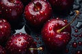 Close up of fresh cherries with water drops on dark background Royalty Free Stock Photo