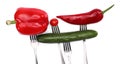 Close up of fresh cherry tomato, red peppers and cucumber on forks on white background. Healthy eating and vegetarian food, Royalty Free Stock Photo