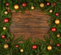 Close up fresh Christmas tree frame over wood Royalty Free Stock Photo