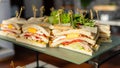 Close-up of fresh club sandwich. Concept of takeaway food and catering service