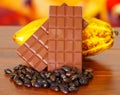 Close up of a fresh cocoa pods, chocolate bar and dry cocoa beans over a wooden table Royalty Free Stock Photo