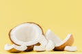 Close up fresh coconut pieces isolated on a yellow background, tropical fruit concept, flat lay, pop art, copy space Royalty Free Stock Photo