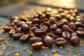 Close-up of fresh coffee beans on rustic surface in warm sunlight Royalty Free Stock Photo